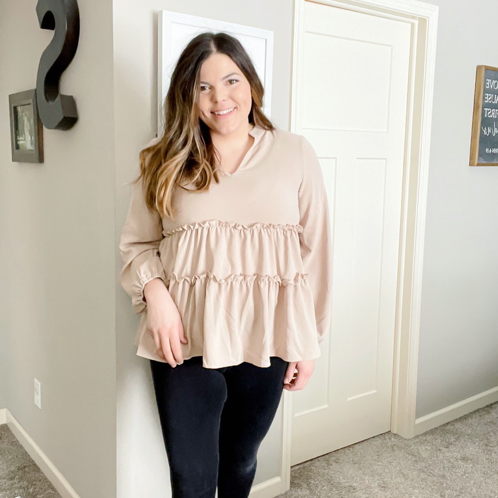 Tan ruffle trim tiered blouse large